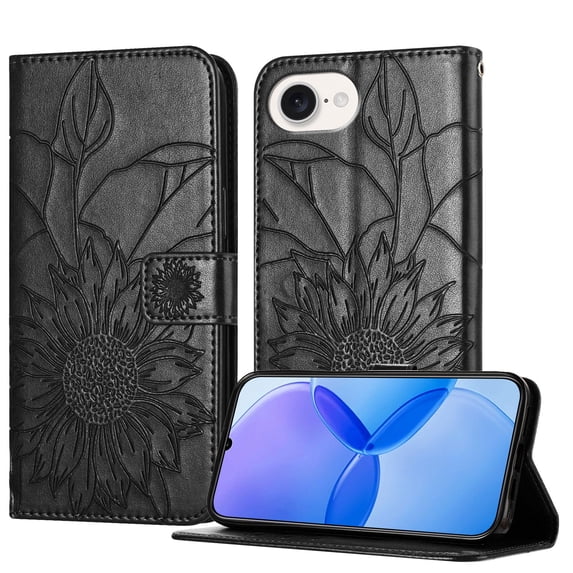ELEHOLD Case for iPhone 16e, Sunflower Embossed Leather Wallet Case with Magnetic Closure & Kickstand,Gray