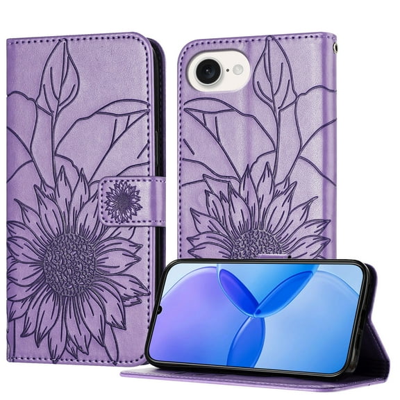 ELEHOLD Case for iPhone 16e, Sunflower Embossed Leather Wallet Case with Magnetic Closure & Kickstand,Purple