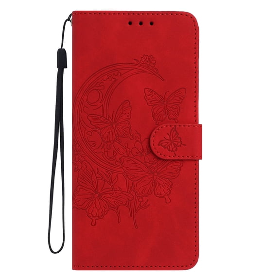 ELEHOLD Case for iPhone 17, Butterfly Embossed Leather Wallet Case with Wrist Strap, Card & Cash Slots, Stand Function,Red