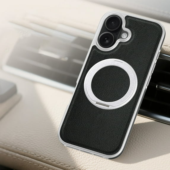 ELEHOLD Case for iPhone 17, Luxury Shockproof Leather Case with 360° Ring Stand,Black