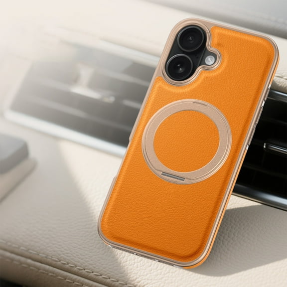 ELEHOLD Case for iPhone 17, Luxury Shockproof Leather Case with 360° Ring Stand,Orange