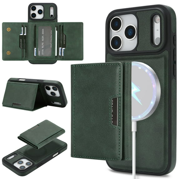 ELEHOLD Case for iPhone 17 Pro, Magnetic Leather Wallet Phone Case with Card Slots & Kickstand,Green