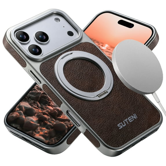 ELEHOLD Case for iPhone 17 Pro Max, Leather Shockproof Case with 360° Rotating Ring Stand, Magnetic Accessory Compatible,Brown