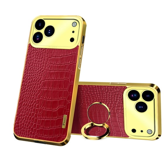 ELEHOLD Case for iPhone 17 Pro Max, Luxury Crocodile Texture Phone Case with Ring Stand, Electroplated Full Lens Protection Cover,Red