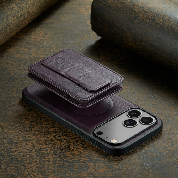ELEHOLD Case for iPhone 17 Pro, Shockproof Magnetic Leather Wallet Case with Hand Grip & Kickstand & RFID Blocking,Purple