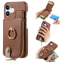 ELEHOLD Case for iPhone 17, RFID Blocking Leather Wallet Case with Ring Kickstand and Card Holders,Brown