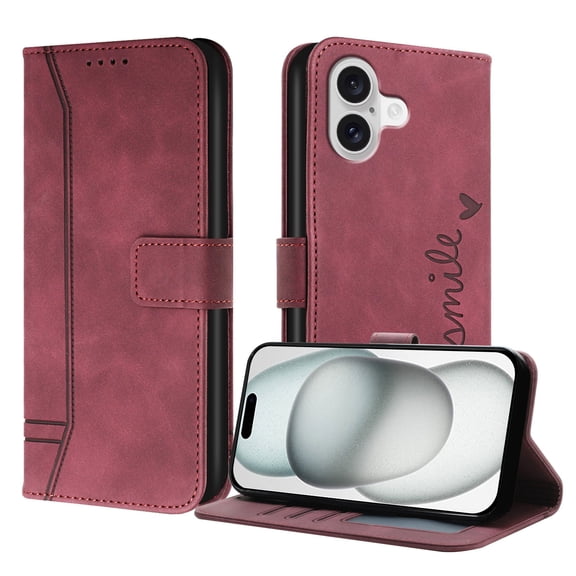 ELEHOLD Case for iPhone 17, Shockproof Leather Wallet Phone Case with Card Slots, Stand Function, Winered