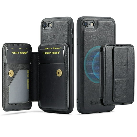 ELEHOLD Case for iPhone 7 / 8 / SE 2022 & 2020, Shockproof Magnetic Leather Wallet Case with Hand Grip & Kickstand & RFID Blocking,Black