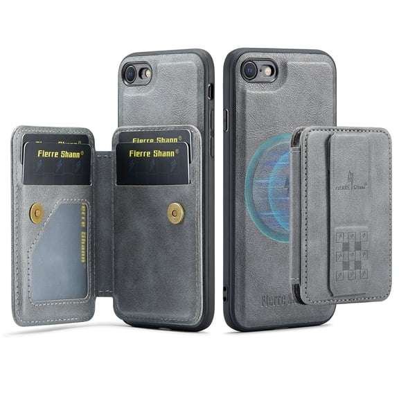 ELEHOLD Case for iPhone 7 / 8 / SE 2022 & 2020, Shockproof Magnetic Leather Wallet Case with Hand Grip & Kickstand & RFID Blocking,Gray