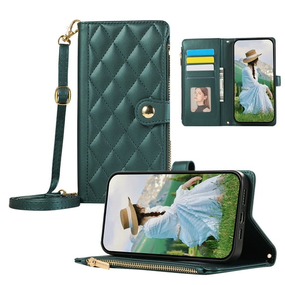 ELEHOLD Case for iPhone 7 / 8 / SE 2022 & 2020, Shockproof PU Leather Zipper Wallet Case with Card Holder & Crossbody Lanyard & Wrist Strap,Green