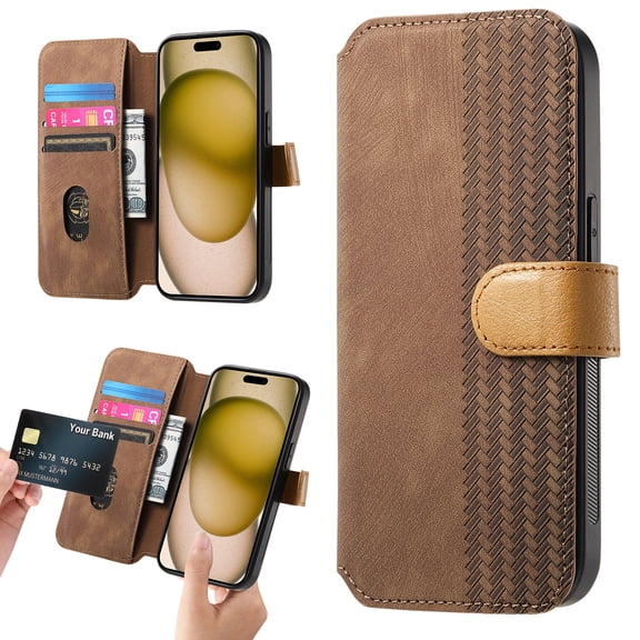 ELEHOLD Case for iPhone 8 Plus/7 Plus,Leather Wallet RFID Blocking Case with Wrist Strap & Card Holder Stand,Brown