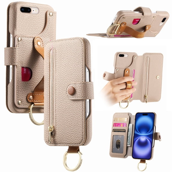 ELEHOLD Case for iPhone 8 Plus/7 Plus, RFID Blocking Zipper Leather Wallet Stand Case with Card Slot & Wrist Strap & Ring Holder,Khaki