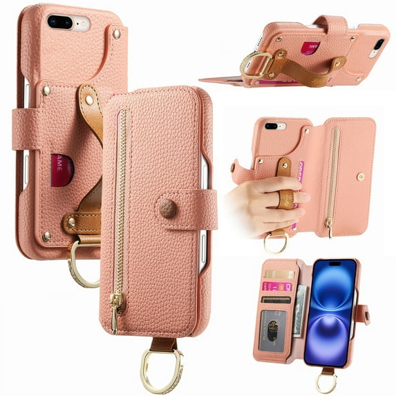 ELEHOLD Case for iPhone 8 Plus/7 Plus, RFID Blocking Zipper Leather Wallet Stand Case with Card Slot & Wrist Strap & Ring Holder,Pink