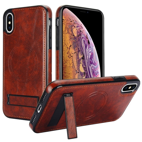 ELEHOLD Case for iPhone X/XS, Luxury PU Leather Anti-Scratch Magnetic Case with Invisible Kickstand for MagSafe Accessory,Brown