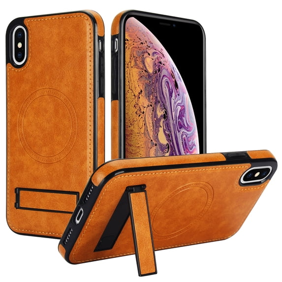 ELEHOLD Case for iPhone X/XS, Luxury PU Leather Anti-Scratch Magnetic Case with Invisible Kickstand for MagSafe Accessory,Khaki