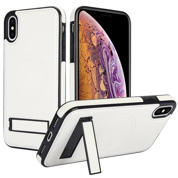 ELEHOLD Case for iPhone X/XS, Luxury PU Leather Anti-Scratch Magnetic Case with Invisible Kickstand for MagSafe Accessory,White
