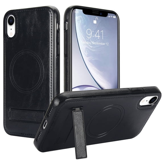ELEHOLD Case for iPhone XR, Luxury PU Leather Anti-Scratch Magnetic Case with Invisible Kickstand for MagSafe Accessory,Black