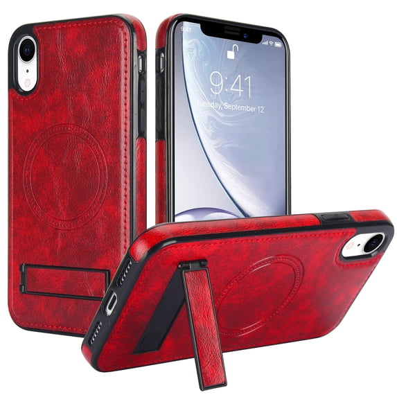 ELEHOLD Case for iPhone XR, Luxury PU Leather Anti-Scratch Magnetic Case with Invisible Kickstand for MagSafe Accessory,Winered