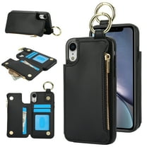 ELEHOLD Case for iPhone XR, Magnetic Closure Kickstand Zipper Wallet Case with 3 Card Slots & Ring Holder,Shockproof RFID Blocking Phone Case,Black