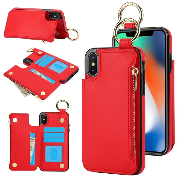 ELEHOLD Case for iPhone XS Max, Magnetic Closure Kickstand Zipper Wallet Case with 3 Card Slots & Ring Holder,Shockproof RFID Blocking Phone Case,Red