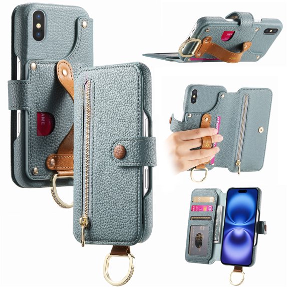 ELEHOLD Case for iPhone XS/X, RFID Blocking Zipper Leather Wallet Stand Case with Card Slot & Wrist Strap & Ring Holder,Blue