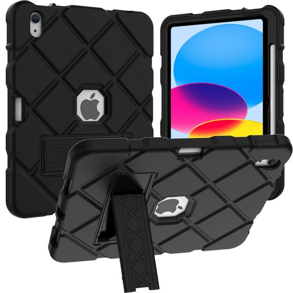 ELEHOLD Case for iPad 10th Generation 10.9 inch 2022, Slim Heavy Duty Shockproof Rugged Protective Cover with Built-in Stand for 10.9" iPad 10th Gen,Black