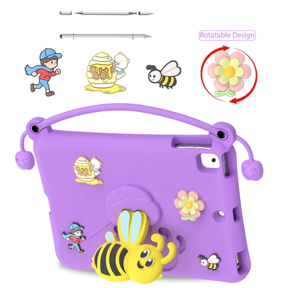 ELEHOLD Case for iPad 9th/8th/7th Generation/Air3 10.5"(2019)/Pro 10.5"(2018), Cute Bee Cartoon Shockproof TPU Case Built-in Handle & Stand, -in-1 Stylus Pen Included,Purple