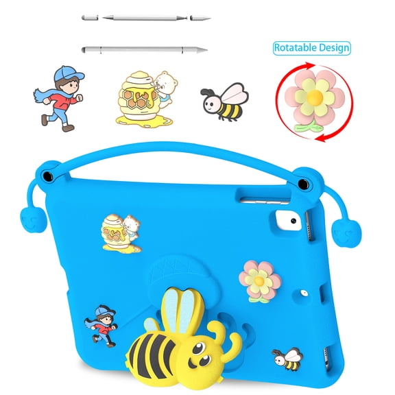 ELEHOLD Case for iPad 9th/8th/7th Generation/Air3 10.5"(2019)/Pro 10.5"(2018), Cute Bee Cartoon Shockproof TPU Case Built-in Handle & Stand, -in-1 Stylus Pen Included,Blue