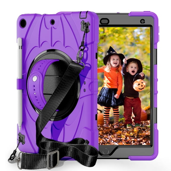 ELEHOLD Case for iPad 9th/8th/7th Generation, Heavy Duty Shockproof Case with Pencil Holder/Stand/Hand Strap/Shoulder Belt, Rugged Protective Cover for Boys Girls,Purple