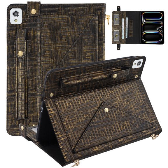 ELEHOLD Case for iPad 9th/8th/7th Generation, PU Leather Crossbody Multi-Card Slots Envelope Pocket Wallet Case with Hand Strap+Shoulder Strap,Blackgold