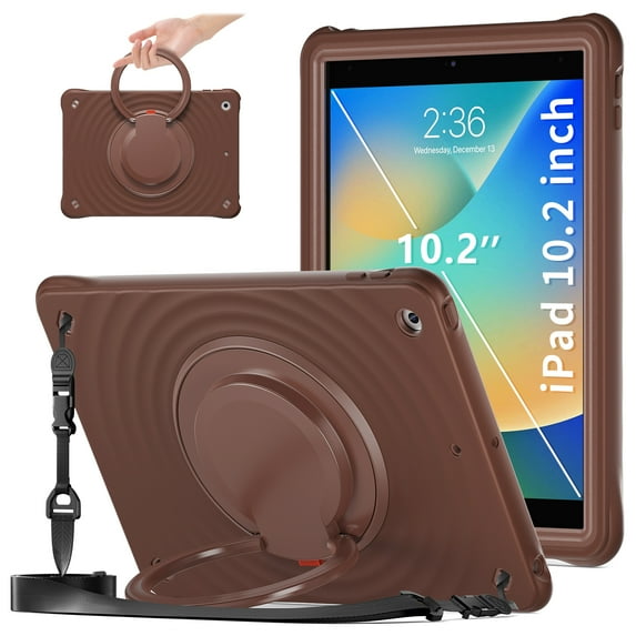 ELEHOLD Case for iPad 9th/8th/7th Generation, Portable Hybrid Shockproof iPad Case with Pencil Holder & Hanging Ring Handle Rotatable Kickstand,Chocolate