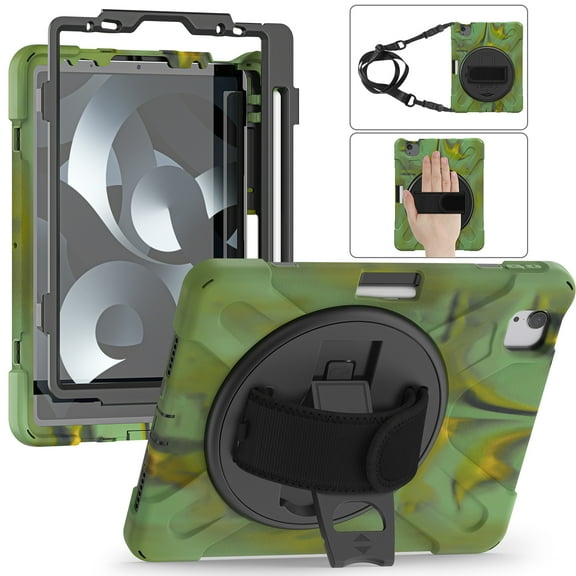 ELEHOLD Case for iPad Air 11 (M2) 2024 / iPad Pro 11 2022 / iPad Air 5th 4th Gen 10.9", Military Grade Silicone Hybrid Rugged Case with Pencil Holder Rotating Stand Hand/Shoulder Strap,Camouflage