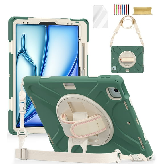 ELEHOLD Case for iPad Air 13 2024 / Pro 12.9 2018/2020/2021/2022, Heavy Duty Case with Strap and Kickstand, 360° Rotating Hand Strap Shockproof Cover with Screen Protector,Emeraldgreen