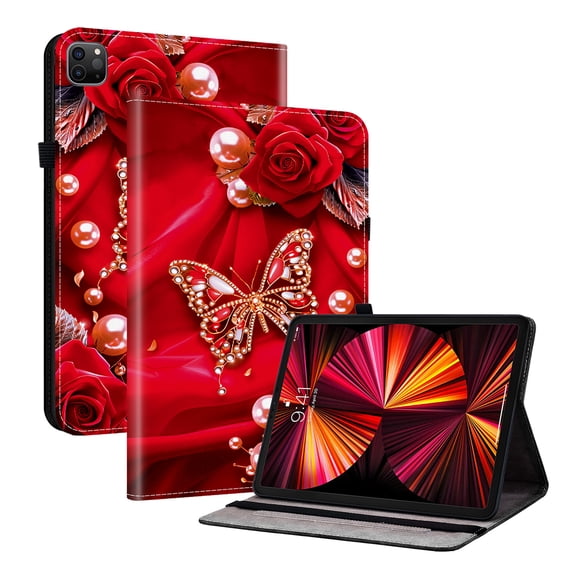 ELEHOLD Case For iPad Air 13-inch M3 (2025) / M2 (2024), iPad Pro 12.9 2022/2021, Stylish Pattern Shockproof PU Leather Kickstand Magnetic Slim Shockproof Case With Card Slots,Red