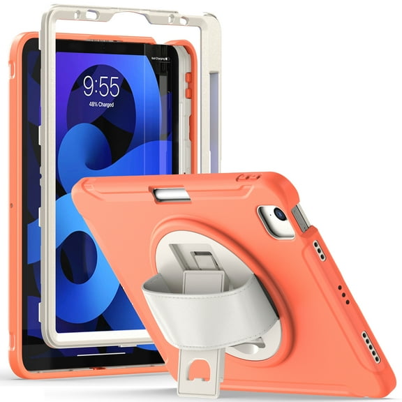 ELEHOLD Case for iPad Air (M2) 11 inch (2024) / iPad Air 4 & 5 10.9 Inch (2020/2022) / iPad Pro 11 2022, Military Grade Shockproof Silicone Protector with Pencil Holder+ Rotating Stand,Orange