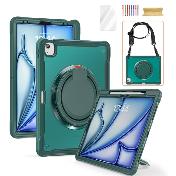 ELEHOLD Case for iPad Air13 2024, Heavy Duty Case with Shoulder Strap & 360° Rotatable Folding Handle, Shockproof Protective Cover, Includes HD Screen Protector,Darkgreen