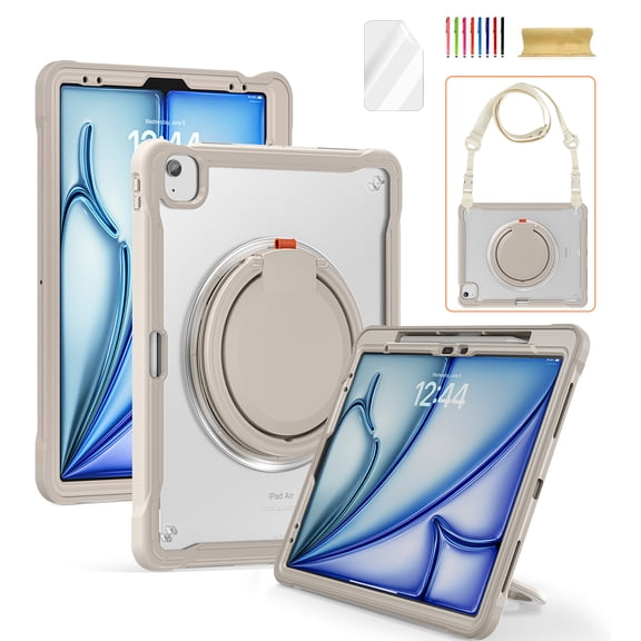 ELEHOLD Case for iPad Air13 2024, Heavy Duty Case with Shoulder Strap & 360° Rotatable Folding Handle, Shockproof Protective Cover, Includes HD Screen Protector,Khaki