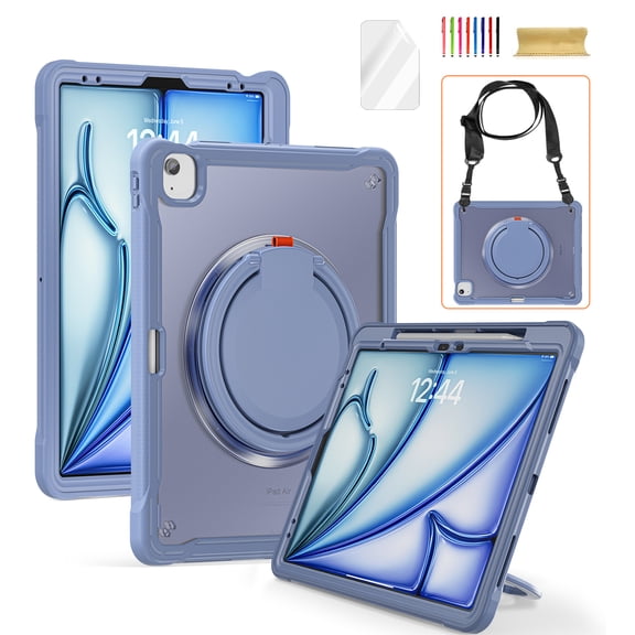 ELEHOLD Case for iPad Air13 2024, Heavy Duty Case with Shoulder Strap & 360° Rotatable Folding Handle, Shockproof Protective Cover, Includes HD Screen Protector,Purple
