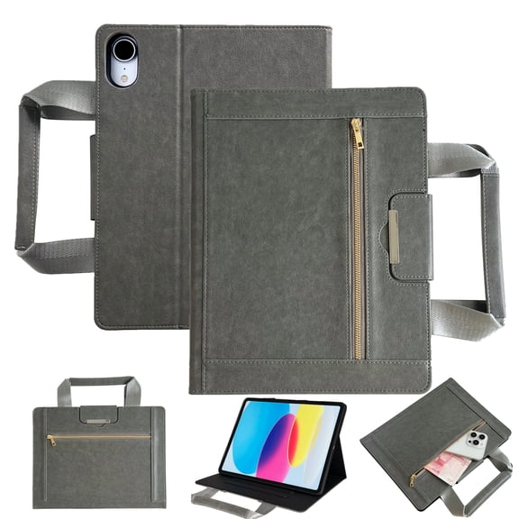 ELEHOLD Case For iPad Mini 7th(A17 Pro)/ 6th Generation, Stylish Durable Leather Stand Zipper Pocket Kickstand Full Protection Hand Strap Auto Sleep/Wake Tablet Case ,Gray
