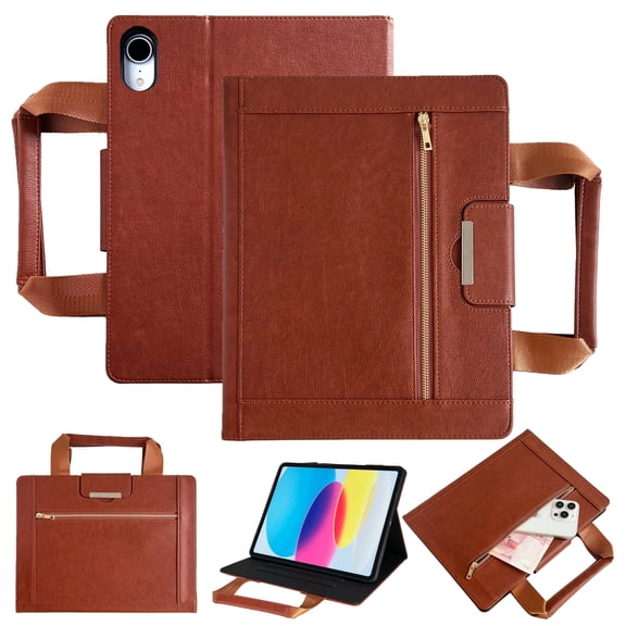 ELEHOLD Case For iPad Mini 7th(A17 Pro)/ 6th Generation, Stylish Durable Leather Stand Zipper Pocket Kickstand Full Protection Hand Strap Auto Sleep/Wake Tablet Case ,Brown