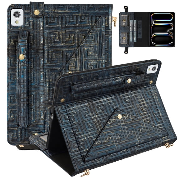 ELEHOLD Case for iPad Pro 11 2022/2021/2020/2018 AIR11 2024, PU Leather Crossbody Multi-Card Slots Envelope Pocket Wallet Case with Hand Strap+Shoulder Strap,Blue
