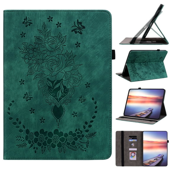 ELEHOLD Case for iPad Pro 11 2022/2021/2020/2018 / iPad Air 4, Embossed Butterfly PU Leather Card Holder Folio Cover with Stylus Loop, Multiple Viewing Angles Stand Protective Shell,Green