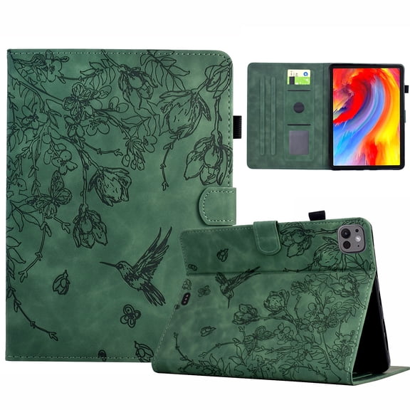 ELEHOLD Case For iPad Pro 11-inch (M5) 2025, Embossed Flowers and Birds Leather Tablet Case, Slim Back Smart Cover Full Body Protection Kickstand Cover with Card Pocket, Green