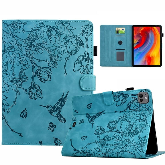 ELEHOLD Case For iPad Pro 11-inch (M5) 2025, Embossed Flowers and Birds Leather Tablet Case, Slim Back Smart Cover Full Body Protection Kickstand Cover with Card Pocket, Blue