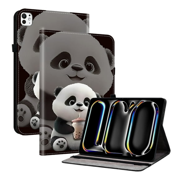 ELEHOLD Case For iPad Pro 11-inch (M5) 2025/(M4) 2024 , Stylish Pattern Shockproof PU Leather Kickstand Magnetic Slim Shockproof Case With Card Slots,Panda
