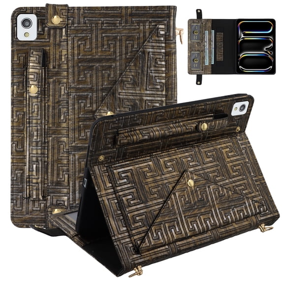 ELEHOLD Case for iPad Pro 12.9 2021/air13 2024, PU Leather Crossbody Multi-Card Slots Envelope Pocket Wallet Case with Hand Strap+Shoulder Strap,Silvergold