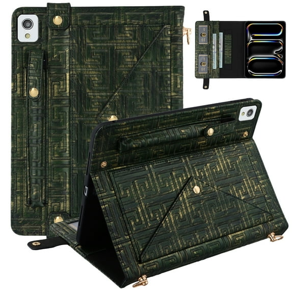 ELEHOLD Case for iPad Pro 12.9 2021/air13 2024, PU Leather Crossbody Multi-Card Slots Envelope Pocket Wallet Case with Hand Strap+Shoulder Strap,Green