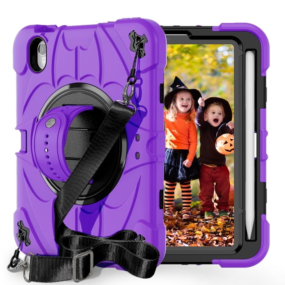 ELEHOLD Case for iPad mini (6th Generation), Heavy Duty Shockproof Case with Pencil Holder/Stand/Hand Strap/Shoulder Belt, Rugged Protective Cover for Boys Girls,Purple