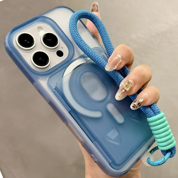 ELEHOLD Case For iPhone 11 Pro Max, Mag-Safe Compatible,Soft Translucent Silicone Detachable Magnetic Card Holder Magnetic Wallet Case with Matching Card Holder/ Wrist Strap,Blue