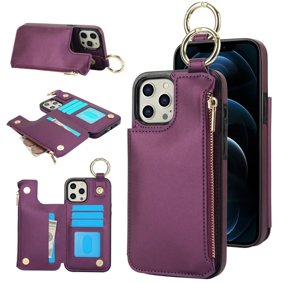 ELEHOLD Case for iPhone 13 Pro, Magnetic Closure Kickstand Zipper Wallet Case with 3 Card Slots & Ring Holder,Shockproof RFID Blocking Phone Case,Darkpurple